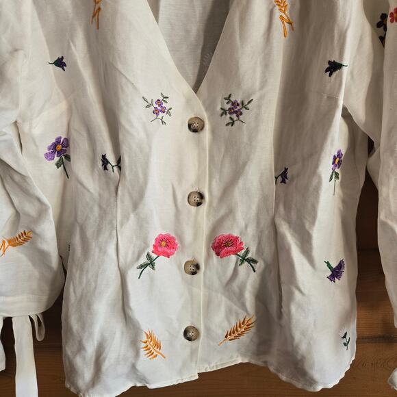Topshop Floral Top Embroidered Flower Botanical Tie Sleeve Button Down Blouse 12 - Picture 4 of 6